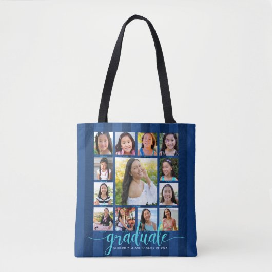 Tote Bag Graduation en bleu marine K-12 13 Photo Collage Sc (Devant)