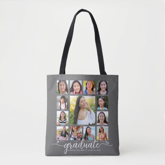 Tote Bag Graduation Gris K-12 Script moderne Collage photo (Devant)