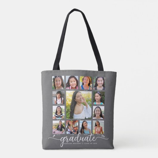 Tote Bag Graduation Gris K-12 Script moderne Collage photo (Dos)