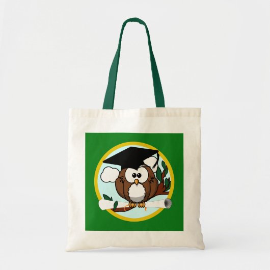 Tote Bag Graduation Owl With Cap & Diploma - Green and Gold (Devant)