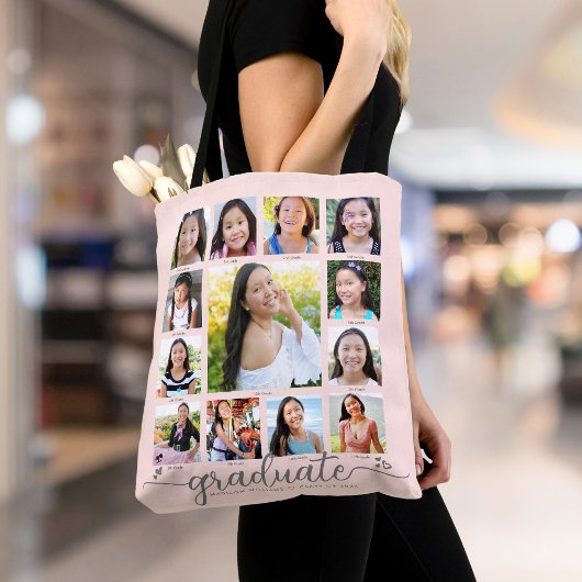 Tote Bag Graduation rose pâle K-12 Script 13 Collage photo