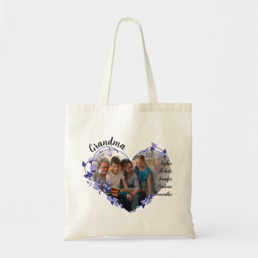Tote Bag Grand-mère coeur de fleur avec petits-enfants Nom  (Devant)