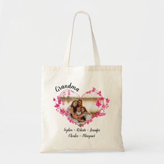 Tote Bag Grand-mère coeur de fleur avec petits-enfants Nom  (Devant)