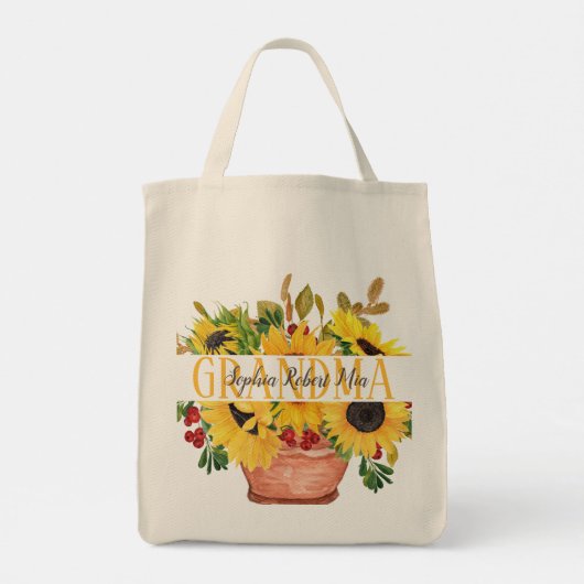 Tote Bag Grand-mère Petits-enfants Noms Fleurs de soleil (Dos)