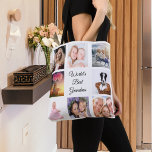 Tote Bag Grand-mère photo collage blanc<br><div class="desc">Un cadeau pour votre grand-mère célébrant sa vie avec un collage de 8 photos. Texte noir : Meilleure grand-mère du monde. Utilisez la photo d'elle, enfants, petits-enfants, mari, animaux domestiques, amis, sa destination de voyage de rêve. Arrière - plan blanc. Parfait comme cadeau de la Fête des Mères ou pour...</div>