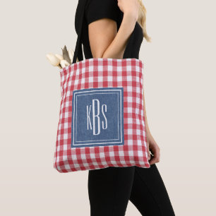 Tote Bag Grand Monogramme sur Épaule à Carreaux Rouges et B
