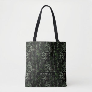Tote Bag Grand motif fleuri vert nom personnalisé