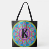 Tote Bag Grand NOIR psychédélique initial fait sur commande (Devant)