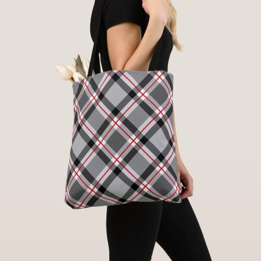Tote Bag Grand Plaid moderne, noir, blanc, gris et rouge (De près)