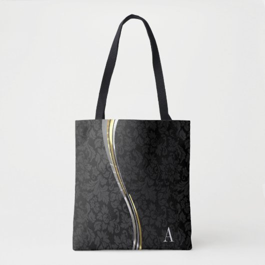 Tote Bag Grandes ondes monogrammes en damas noir (Devant)