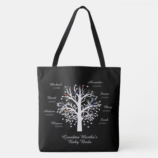 Tote Bag Grandma Tree (oiseaux) noms/dates personnalisés (Devant)