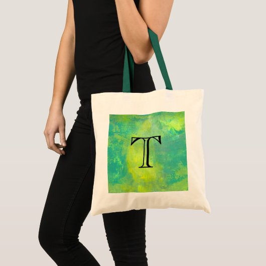 Tote Bag Gras Abstrait en vert et jaune Monographie initial (Devant (produit))