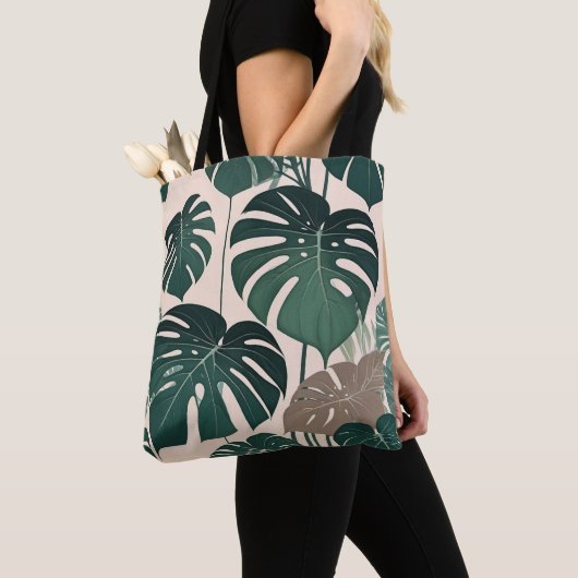 Tote Bag Gras Green Monstera Feuilles Tropical Jungle (De près)