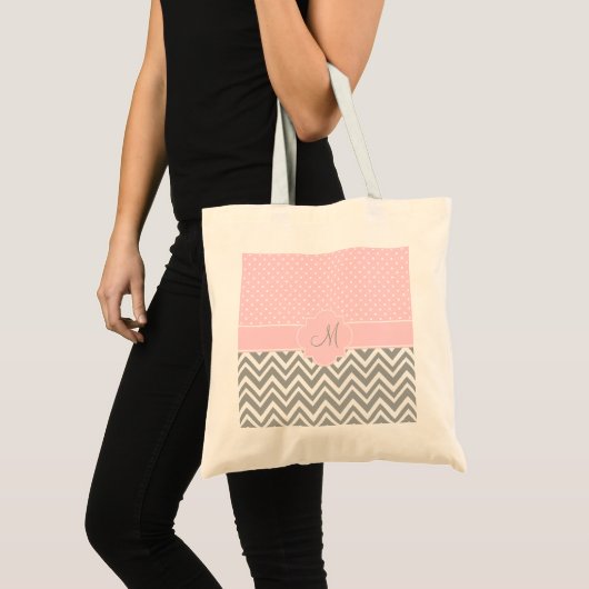 Tote Bag Gray Chevron avec Pastel Pink Polka Dot (Devant (produit))