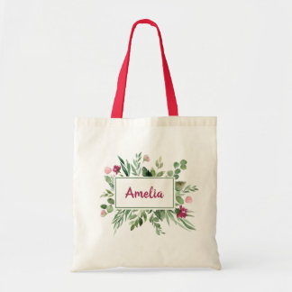 Tote Bag Green Burgundy Floral Leaf Feuilles Girl Nom écolo