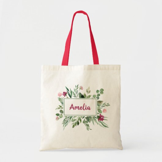 Tote Bag Green Burgundy Floral Leaf Feuilles Girl Nom écolo (Devant)