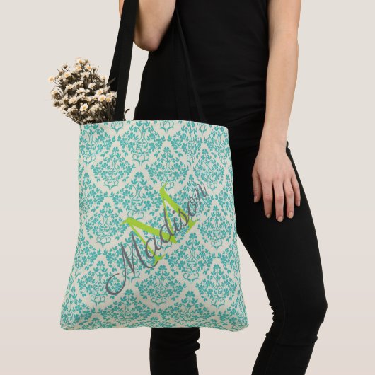 Tote Bag Green Damask Trendy Cute Girly Name Monogram (De près)