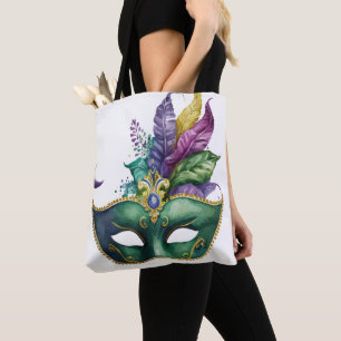 TOTE BAG GREEN MARDI GRAS MASK ROSE PURPLE FEATHES