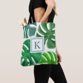 Tote Bag Green Monstera Plante Feuille Motif Monogramme (De près)