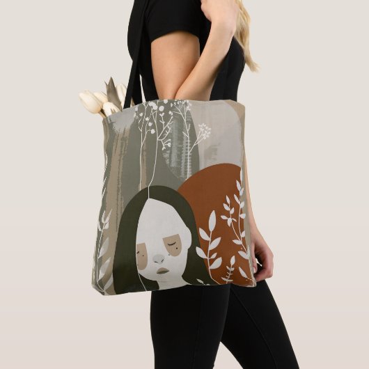 Tote Bag Green Rust Tan Empowering Woman Abstract  (De près)