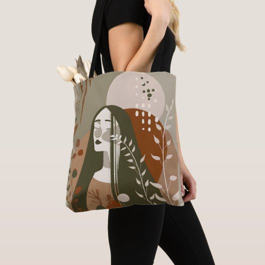 Tote Bag Green Rust Tan Empowering Woman Abstract  (De près)