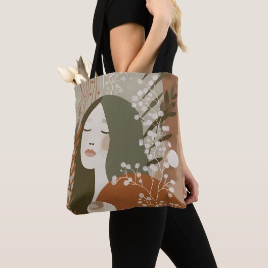 Tote Bag Green Rust Tan Empowering Woman Abstract  (De près)