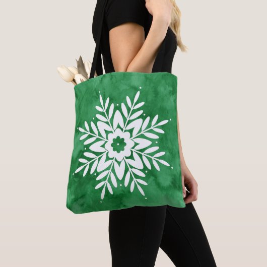 Tote Bag Green Watercolor Abstract Snowflake (De près)