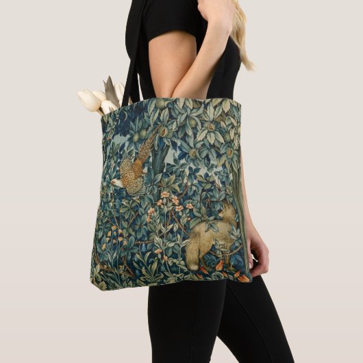 Tote Bag GREENERY, FOREST ANIMALS Pheasant, Fox, Green Flor (De près)