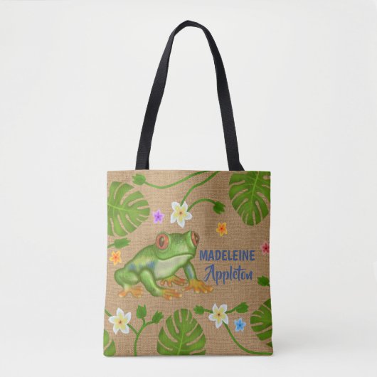 Tote Bag Grenouille Fleurs Feuilles tropicales | Nom person (Devant)