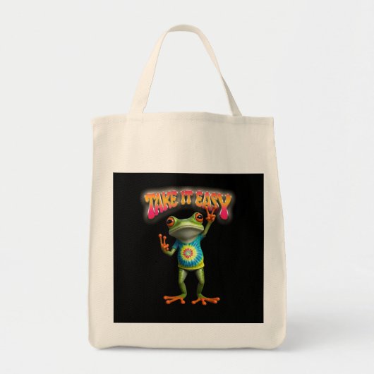 Tote Bag Grenouille Hippie Prenez les Choses Calmement Amus (Devant)