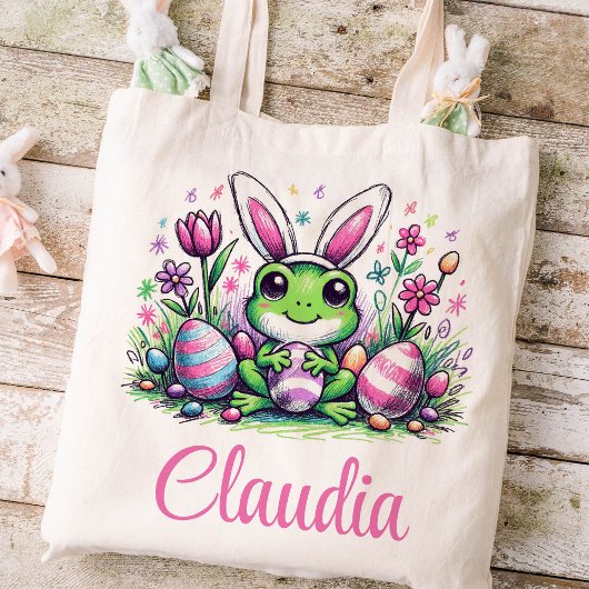 Tote Bag Grenouille Pâques Nom Enfants Filles Lapin