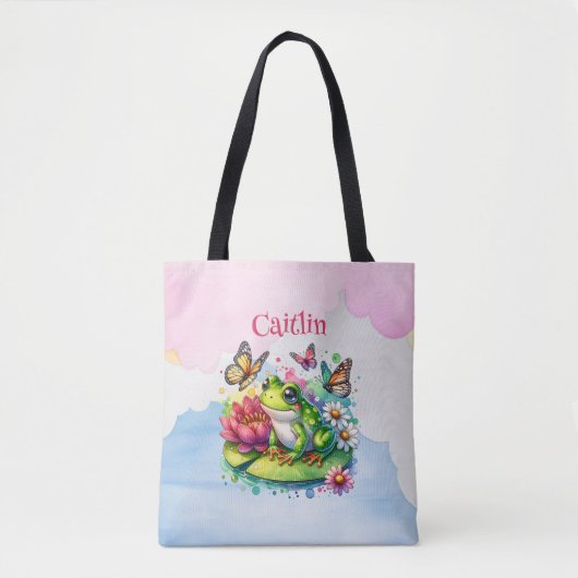 Tote Bag Grenouille personnalisée, fleurs et papillons bébé (Devant)