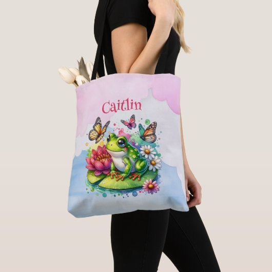 Tote Bag Grenouille personnalisée, fleurs et papillons bébé (De près)