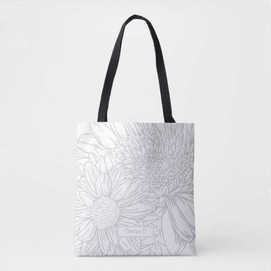 Tote Bag Grey Chrysanthemums Line Drawing with Name (Devant)