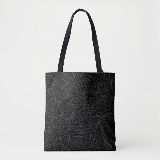 Tote Bag Grey on Black with Name and Chrysanthemums (Devant)