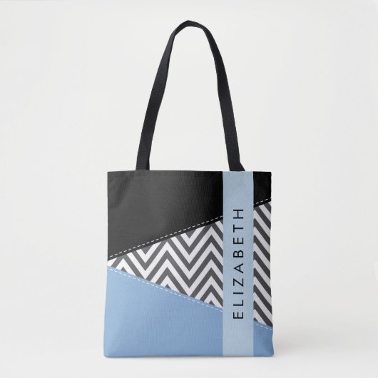 Tote Bag Grey Zigzag, Grey Chevron, Bleu, Votre Nom (Devant)