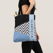 Tote Bag Grey Zigzag, Grey Chevron, Bleu, Votre Nom (De près)