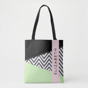 Tote Bag Grey Zigzag, Grey Chevron, Mint, Votre Nom