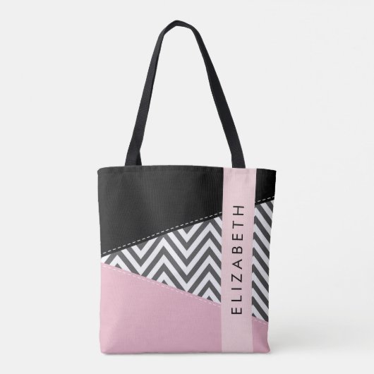 Tote Bag Grey Zigzag, Grey Chevron, Rose, Votre Nom (Dos)