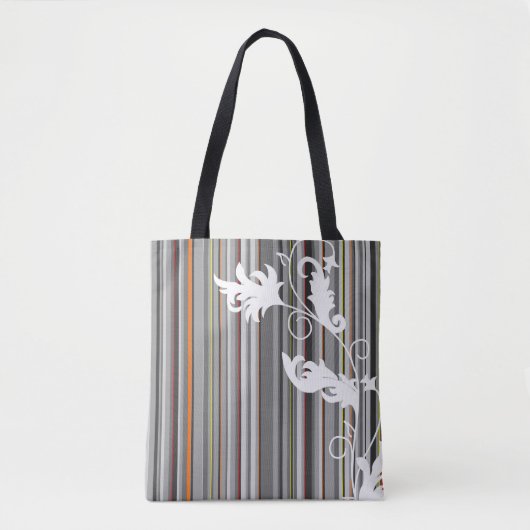 Tote Bag Gris à rayures et design floral (Devant)
