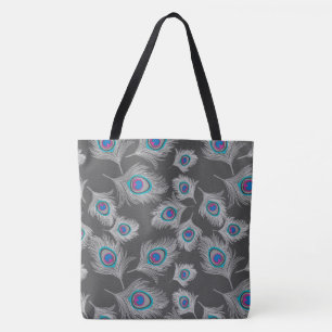 Tote Bag Gris argenté / Gris Plumes de paon gris sur Graphi