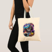 Tote Bag Gris Cat Face Swirl dans l'espace de galaxie plané (Devant (produit))