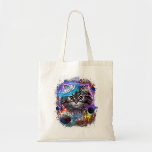 Tote Bag Gris Cat Face Swirl dans l'espace de galaxie plané (Devant)