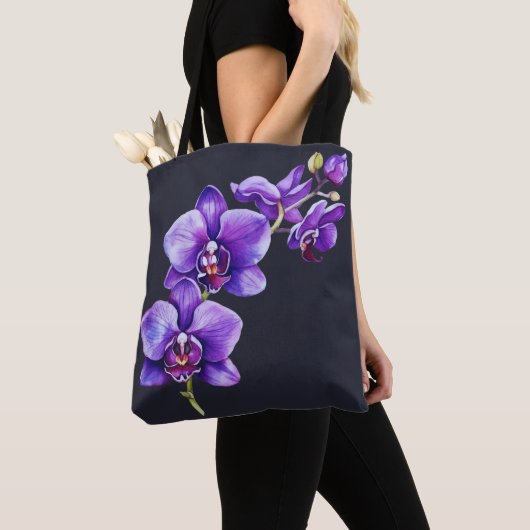 Tote Bag Gris d'ardoise foncée, Fourre-tout d'orchidée viol (De près)