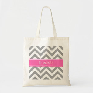 Tote Bag Gris foncé Lg Chevron Rose chaud #2 Nom Monogramme