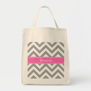 Tote Bag Gris foncé Lg Chevron Rose chaud #2 Nom Monogramme
