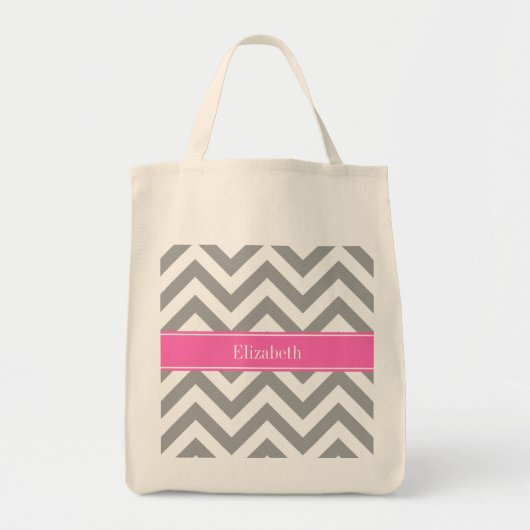 Tote Bag Gris foncé Lg Chevron Rose chaud #2 Nom Monogramme (Devant)