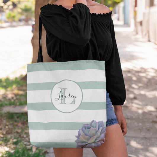Tote Bag Gris Gris et monogramme Succulent Personnalisé