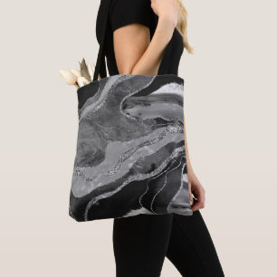 Tote Bag Gris Noir Marbre Blanc Agate Parties scintillant A