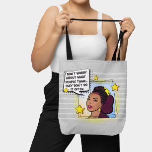 Tote Bag Gris Retro Pop Art drôle Phrase jaune violet